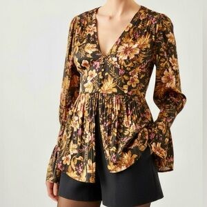 Anthropologie Deep-V Tunic Peplum Long Sleeve Blouse Top Shirt XS